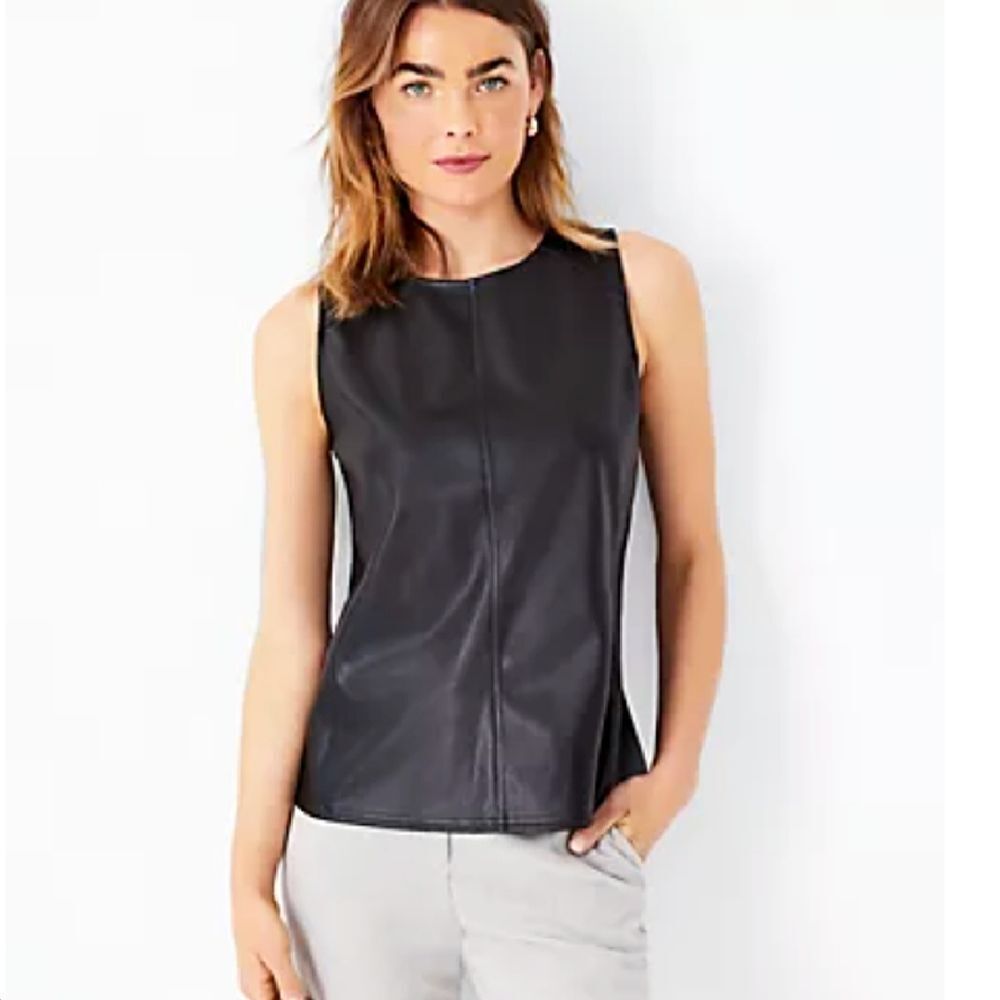 Ann Taylor Black Faux Vegan Leather Shell Sleeveless Top‎ Medium